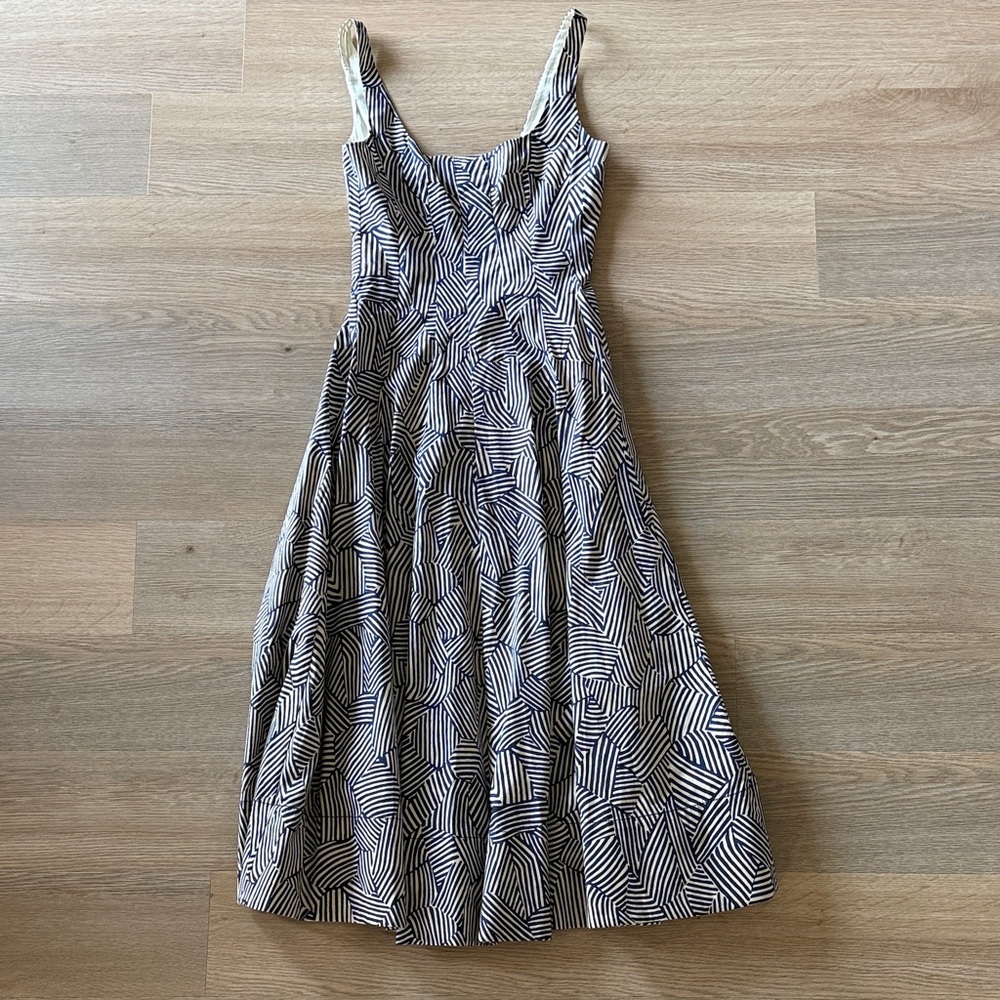 STAUD Navy and Cream Geometric Midi Dress- Size 4